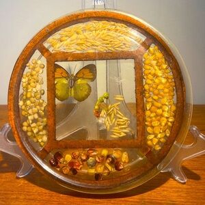 Vintage Round Lucite Acrylic Resin Trivet Hot Plate W/ Seeds, Butterfly & Flower